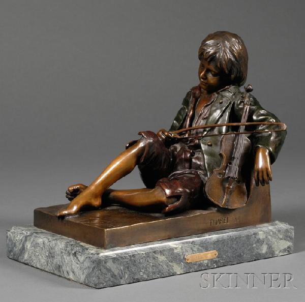 After Leon Tharel (French, 1858-1902), Patinated B: After Leon Tharel (French, 1858-1902), Patinated Bronze Figure of a Lad Resting with his Violin, Idle Fiddle, the reclining boy in green and red patinated jacket and breeches, his fiddle leaning again