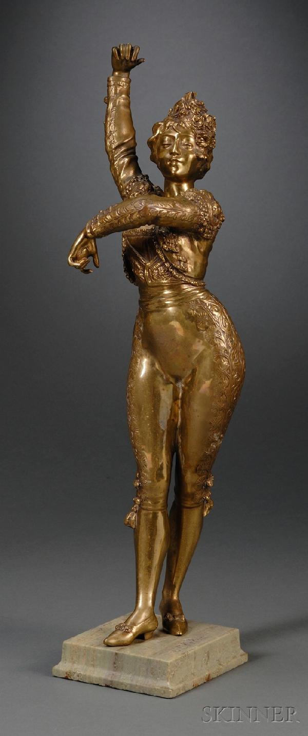 Louis Chalon (French, 1866-1916) Bronze Figure of : Louis Chalon (French, 1866-1916) Bronze Figure of a Spanish Dancer, the woman poised with one raised arm, holding castanets in her other hand, dressed in toreador suit, on green marble plinth, marble 