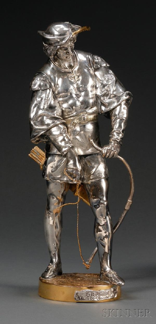Emile Louis Picault (French, 1833-1915) Silvered a: Emile Louis Picault (French, 1833-1915) Silvered and Parcel Gilt Bronze Figure of an Archer, the figure modeled restringing his bow, wearing Renaissance dress, gilded at feather in cap and to the roun