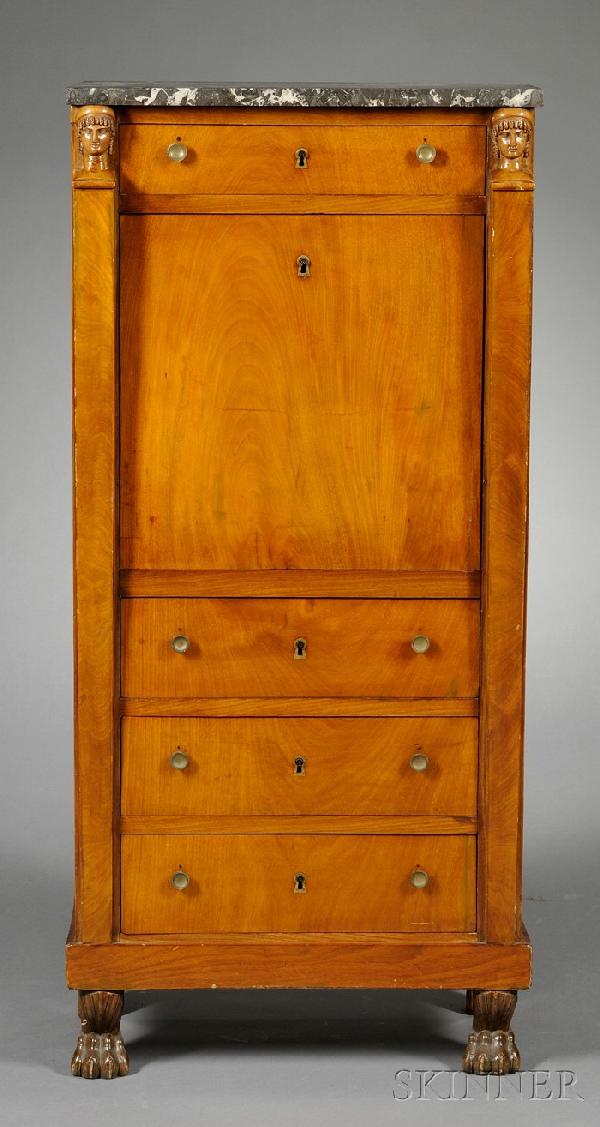 French Empire Style Marble-top and Walnut Small Se: French Empire Style Marble-top and Walnut Small Secretaire a Abattant, 19th century, bearing stamp "Jacob", with white veined charcoal grey marble top above a case fitted with four drawers and a fall-