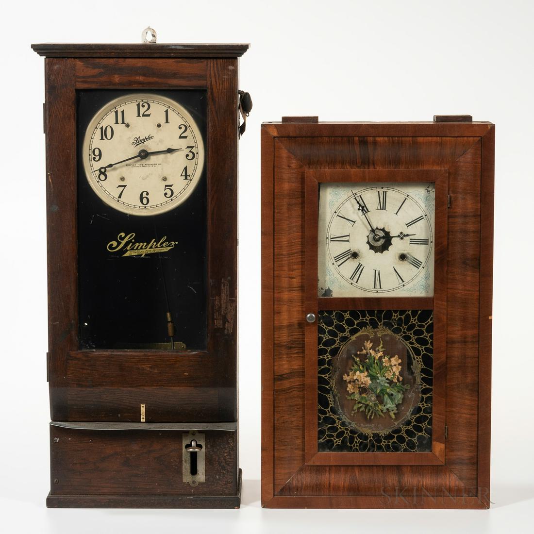 Simplex Time Clock and a Welch Ogee Clock: Simplex Time Clock and a Welch Ogee Clock, Gardner, Massachusetts, oak case with glazed door marked "Simplex Made by Simplex Time Recorder Co. Gardner, Mass. U.S.A.," painted metal dial marked as the