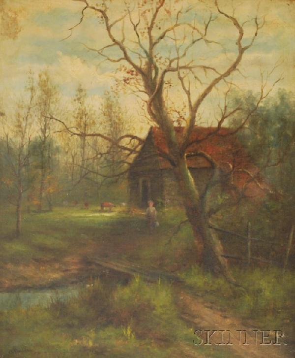 British School, 19th Century, Ranger's Hut, Epping F: British School, 19th Century Ranger's Hut, Epping Forest Inscribed "A. Hulk" l.l., titled on the stretcher bar. Oil on canvas, 24 1/4 x 20 1/4 in., framed. Condition: Craquelure, alligatorin