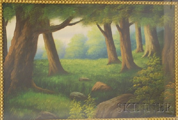 T. Bailey (American, 19th/20th Century) View of a F: T. Bailey (American, 19th/20th Century) View of a Forest Glade. Signed "T. Bailey." l.l. Oil on canvas mounted to board, 17 x 26 in., in a shadow box frame. Condition: Bowing, not examined out of fram