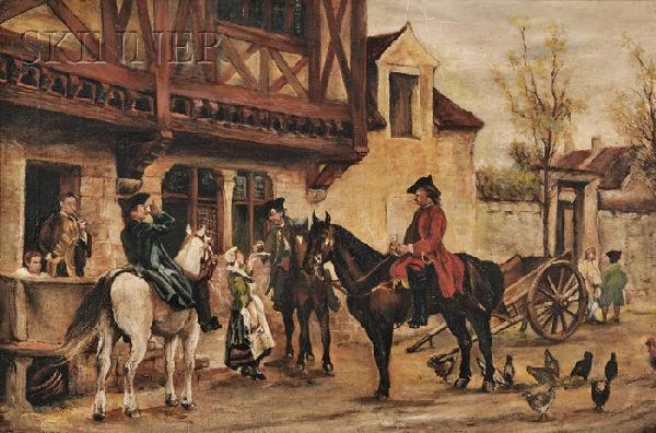 Henry Justice Ford (British, 1860-1941), A Stop at : Henry Justice Ford (British, 1860-1941) A Stop at the Inn. Signed "H. J. FOR..." l.r., identified on the label on the backing. Oil on canvas, 12 1/8 x 18 in., framed. Condition: Retouch, pat