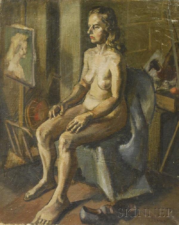 Jack N. Kramer (American, 1923-1983) Seated Nude. S: Jack N. Kramer (American, 1923-1983) Seated Nude. Signed "KRAMER" l.r. Oil on canvas, 26 x 21 in., unframed. Condition: Minor craquelure with paint loss u.r., surface grime.