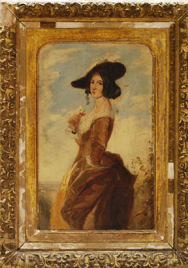 Framed 19th Century Continental School Oil on Paper: Framed 19th Century Continental School Oil on Paper/board Portrait of a Woman, initialed indistinctly and dated "...1850" l.r. Condition: Craquelure.