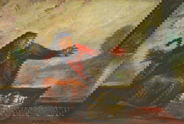 Clyde J. Singer (American, 1908-1999) Peanuts. Sign: Clyde J. Singer (American, 1908-1999) Peanuts. Signed and dated "Singer/48" l.r., titled and inscribed on the reverse "Mastic [?] Oct 49/CLYDE SINGER/OIL..." in pencil and "PEANUTS" in crayon. Oil