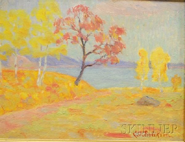 Attributed to Carl Oscar August Erickson (American: Attributed to Carl Oscar August Erickson (American, 1891-1958) Lakeside Landscape. Signed or inscribed "C. O. Erickson" l.r., inscribed "6-22 35" in pencil and ascribed on a label on the reverse. Oil