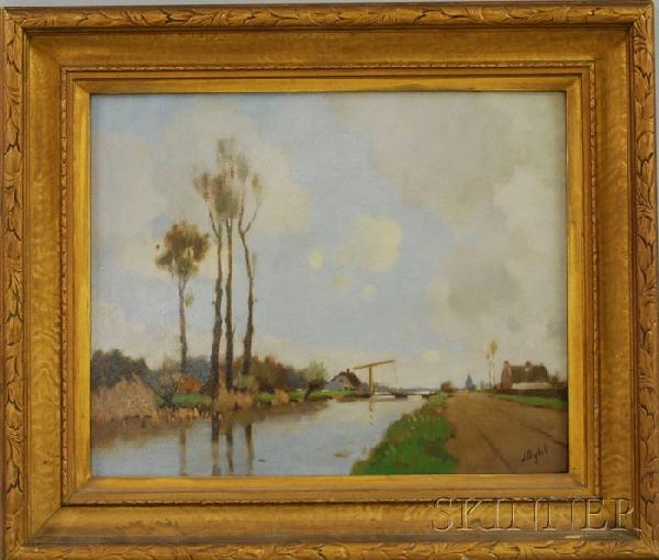 Jacobus Bytel (Dutch, 1893-1983) Canal View. Signe: Jacobus Bytel (Dutch, 1893-1983) Canal View. Signed l.r. Oil on canvasboard, 19 x 15 1/4 in., framed. Condition: Minor surface abrasions, surface grime.