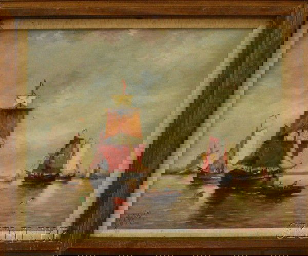 Dutch School, 19th/20th Century Coastal View with: Dutch School, 19th/20th Century Coastal View with Ships, 1904. Signed and dated "G. DeVries '04" l.l. Oil on canvas, 19 1/2 x 15 1/4 in., framed. Condition: Surface grime.