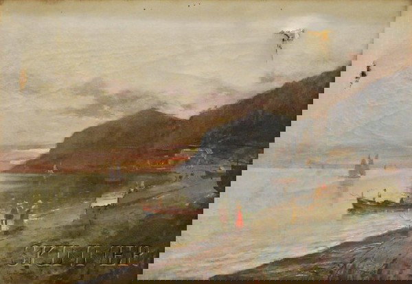 Oscar Ricciardi (Italian, 1864-1935) Italian Coast: Oscar Ricciardi (Italian, 1864-1935) Italian Coastal Scene. Signed l.c. Oil on canvas, 19 1/2 x 13 1/2 in., framed. Condition: Several large punctures and tears, surface grime, craquelure.