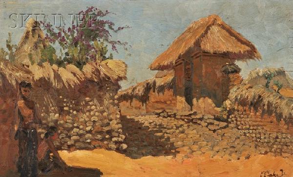 Carel Lodewijk Dake the Younger (Dutch, 1886-1946): Carel Lodewijk Dake the Younger (Dutch, 1886-1946) Southeast Asian Village. Signed "C.L. Dake Jr." l.r., information regarding the artist's travels to Asia affixed to the reverse. Oil on panel, 19 1/2
