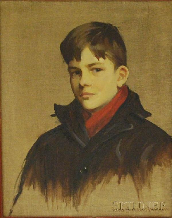 Alfred Everett Smith (American, 1863-1955) Portrai: Alfred Everett Smith (American, 1863-1955) Portrait of George R. Dreher as a Boy Signed and dated "Alfred Everett Smith 1930" l.r. Oil on canvas, 22 1/8 x 18 in., framed. Condition: Surface grime.