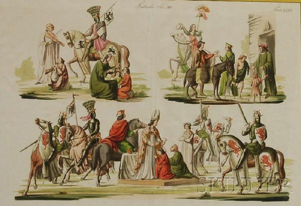 Lot of Three Hand-colored Historical Fashion Print: Lot of Three Hand-colored Historical Fashion Prints, Continental School, 19th Century Francesci Capetingi Sec. XIII XIV , Tedeschi Sec. XIV and Tedeschi Sec. XIV XV. Capet