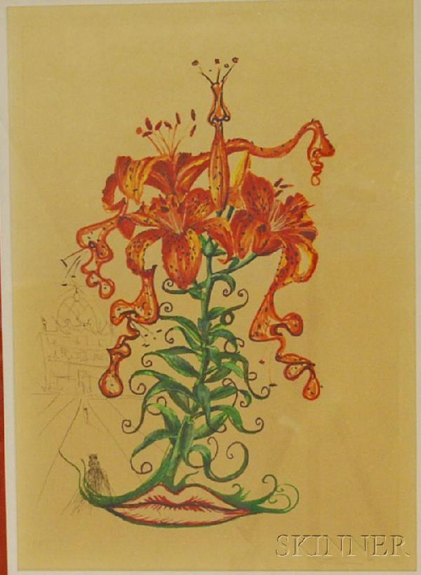 After Salvador Dal? (Spanish, 1904-1989) Tiger Lil: After Salvador Dal? (Spanish, 1904-1989) Tiger Lilies of the Theatre. Signed in pencil l.r. Color lithograph on paper, image size 16 1/2 x 23 in., framed. Condition: Not examined out of frame.