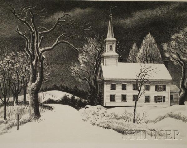 Ernest Fiene (American, 1894-1965) New Snow. Sign: Ernest Fiene (American, 1894-1965) New Snow. Signed "Ernest Fiene" in pencil l.r., and identified on a label from Associated American Artists, New York. Lithograph on paper, 12 x 16 in., unframed.