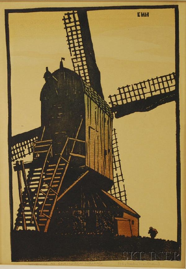 Continental School, 20th Century Windmill at Enkhu: Continental School, 20th Century Windmill at Enkhuisen Holland. Signed indistinctly "H...Hulbrand" in pencil l.r., initialed in the block, titled in pencil l.l. Color woodcut on paper, image size 12 x