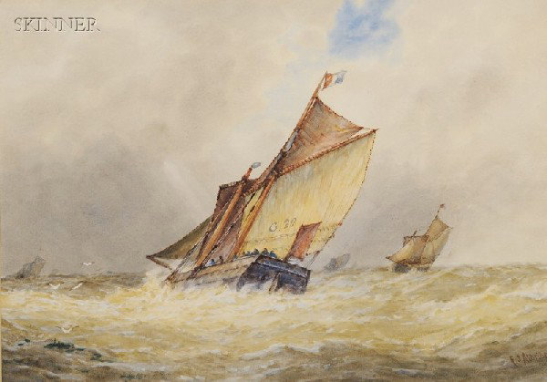 Frederick James Aldridge (British, 1850-1933), Rac: Frederick James Aldridge (British, 1850-1933) Racing the Storm. Signed "F.J. Aldridge" l.r. Watercolor on paper, sight size 13 3/4 x 19 3/4 in., framed. Condition: Not examined out of frame.