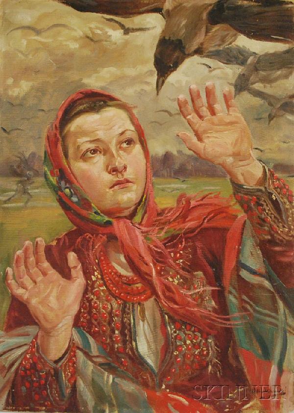 Wincenty Wodzinowski (Polish, 1866-1940) Peasant W: Wincenty Wodzinowski (Polish, 1866-1940) Peasant Woman Fending Off Crows. Signed "W. Wodzinowski" l.r. Oil on paperboard, 26 3/4 x 19 1/2 in., unframed. Condition: Paint loss and wear along the edges,