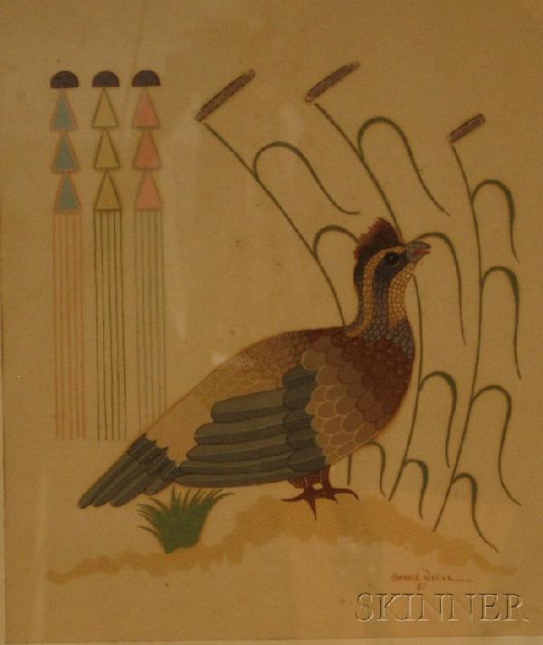 Gerald A. Nailor (Native American, 1917-1952) Quai: Gerald A. Nailor (Native American, 1917-1952) Quail in Corn Field. Signed and dated "GERALD NAILOR/51" within the matrix l.r. Color screenprint, sight size 12 x 10 in., framed.