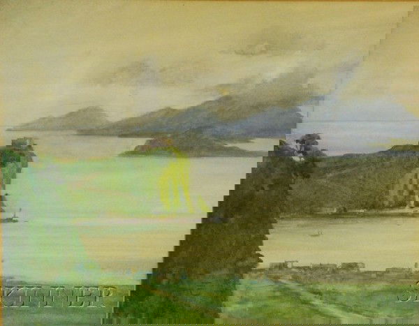 Eben Farrington Comins (American, 1875-1949) View: Eben Farrington Comins (American, 1875-1949) View to the Sea. Ciphered "EFC" l.l. Watercolor on paper, sight size 8 3/4 x 11 in., framed.