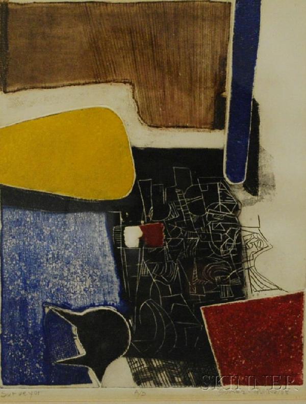 Juan Manuel Gomez-Quiroz (Chilean/American, b. 193: Juan Manuel Gomez-Quiroz (Chilean/American, b. 1939) Surveyor. Signed and dated "Gomez-Quiroz/68" l.r., titled l.l. Color etching on paper, sight size 15 1/2 x 12 in., framed.