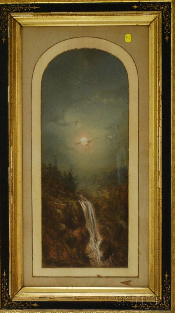 American or Continental School, 19th Century Water: American or Continental School, 19th Century Waterfall Under a Full Moon. Unsigned, stamped "Exposition Universelle de 1855...P.L. Brevete, Paris" on the reverse. Pastel on paperboard, 23 1/4 x 9 1/2 