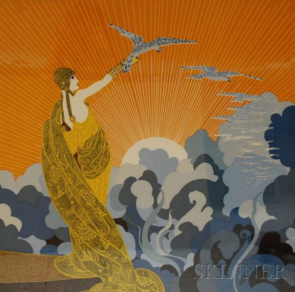 Romain (Erte) De Tirtoff (Russian/French, 1892-1: Romain (Erte) De Tirtoff (Russian/French, 1892-1990) Lot of Two Silk Scarves: L'Opera, c. 1985 and Falconess.