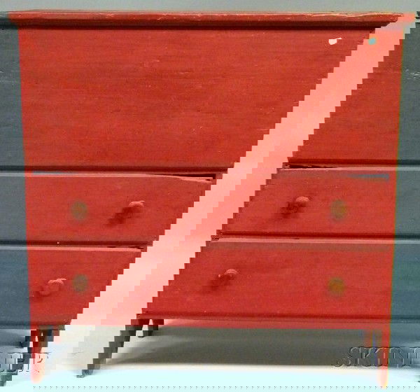 Red-painted Pine Blanket Chest over Two Long Drawe: Red-painted Pine Blanket Chest over Two Long Drawers, ht. 44 3/4, wd. 45 in.