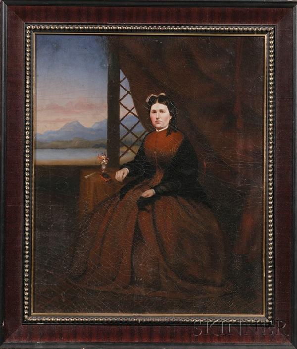Chinese/American School, 19th Century Portrait of : Chinese/American School, 19th Century Portrait of a Woman Seated by a Window with Mountain View. Unsigned. Oil on canvas, 29 3/4 x 24 in., in a later frame. Condition: Relined, craquelure, scattered r