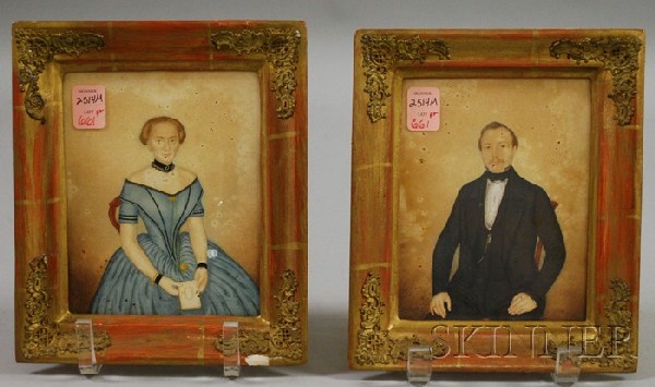 American/Continental School, 19th Century Pair of : American/Continental School, 19th Century Pair of Small Portraits of a Man and Wife. Unsigned. Watercolor on thin card, 5 7/8 x 4 5/8 in., in later molded giltwood frames. Condition: Toning, foxing.