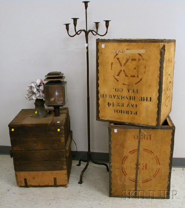 Group of Domestic and Utilitarian Articles, a pai: Group of Domestic and Utilitarian Articles, a painted tin, brass, and glass carriage lantern, a wrought iron five-light floor torchiere, a crated aqua glass "Pyro Acid" bottle, and two Indian tea expo