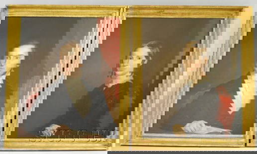 Attributed to Ezra Ames (American, 1768-1836) Pair: Attributed to Ezra Ames (American, 1768-1836) Pair of Portraits of Mr. and Mrs. Stoughton of Amherst, Massachusetts. Unsigned. Oil on canvas, c. 1830, 30 1/4 x 25 in., in later molded giltwood frames.