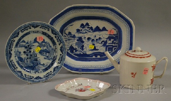 Four Pieces of Chinese Export Porcelain Tableware,: Four Pieces of Chinese Export Porcelain Tableware, a teapot, shaped dish, Canton platter, and a Nanking plate, (platter with rim chips and hairline, plate with hairline inside foot).