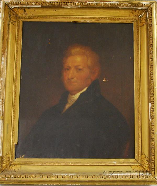 19th Century American School Oil on Canvas Portrai: 19th Century American School Oil on Canvas Portrait of Lt. Elisha Whitney, unsigned, the canvas reverse with typed paper label "...by Gilbert Stuart," with related family genealogy, canvas 30 x 25 in.