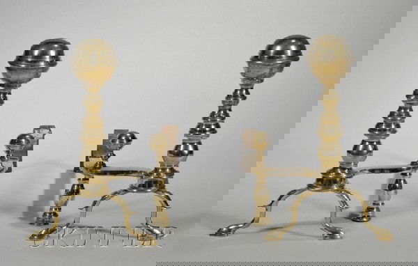 Pair of Brass Belted Ball-top Ring-turned Andiron: Pair of Brass Belted Ball-top Ring-turned Andirons, ht. 16 3/4, lg. 23 1/2 in.