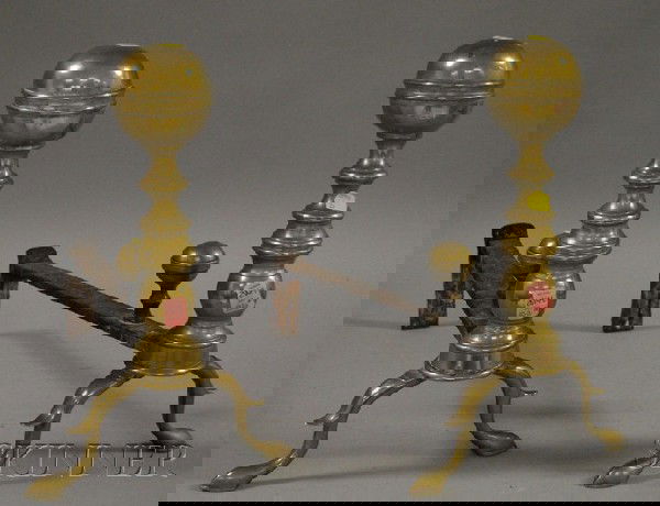 Pair of Brass Belted Ball-top Ring-turned Andiron: Pair of Brass Belted Ball-top Ring-turned Andirons, ht. 14, lg. 17 1/2 in.