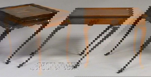 Two Queen Anne-style Carved Mahogany Tray-top Tea: Two Queen Anne-style Carved Mahogany Tray-top Tea Tables, one Councill Craftsmen with metal tag.