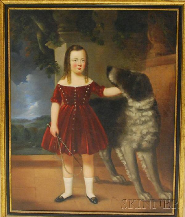 19th Century British School Oil on Canvas Portrai: 19th Century British School Oil on Canvas Portrait of a Girl with a Whip and Her Dog, unsigned, framed, (restoration, laid down), canvas 41 1/4 x 33 in.