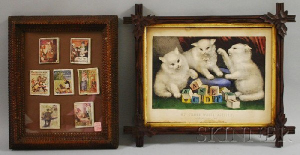 Tramp Art Notch-carved Frame with Miniature Child: Tramp Art Notch-carved Frame with Miniature Children's Books and a Victorian Walnut Framed Currier & Ives Lithograph My Three White Kitties.