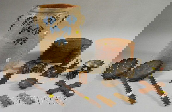 Shaker Oval Finger Lap-sided Wooden Covered Box w: Shaker Oval Finger Lap-sided Wooden Covered Box with Contents and a Cobalt Floral-decorated Four-gallon Stoneware Crock, contents include tin grater, four cookie cutters, two wooden clothes pins, a wo