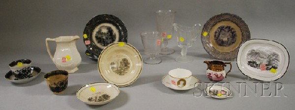 Fourteen Pieces of Assorted English Ceramic Table: Fourteen Pieces of Assorted English Ceramic Tableware and Three Colorless Pressed Pattern Glass Table Items.
