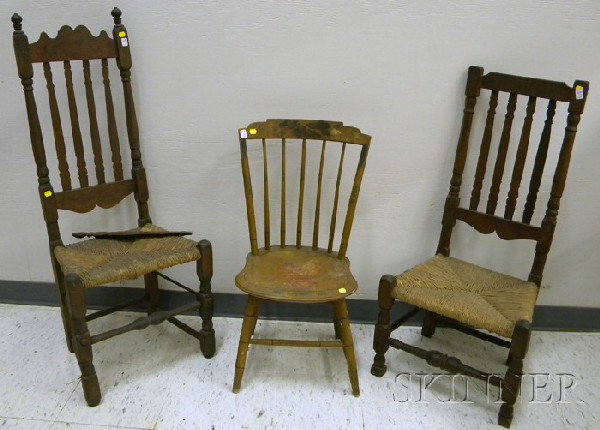 Two Bannister-back Side Chairs and a Windsor Pain: Two Bannister-back Side Chairs and a Windsor Paint-decorated Step-down Side Chair.