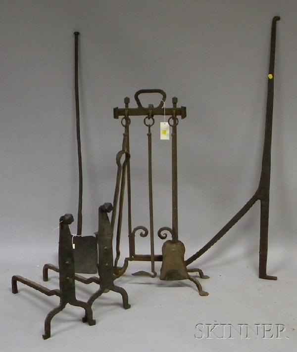 Large Lot of Assorted Iron and Metal Hearth Equip: Large Lot of Assorted Iron and Metal Hearth Equipment and Decorative Items, including andirons, kettles, cranes, tools, pots, brackets, etc.