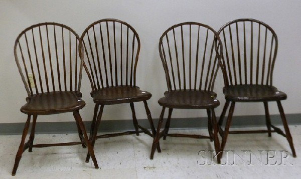 Assembled Set of Four Windsor Bow-back Bamboo-tur: Assembled Set of Four Windsor Bow-back Bamboo-turned Side Chairs, (crest cracks, wear, imperfections, one painted brown and with repaired seat).