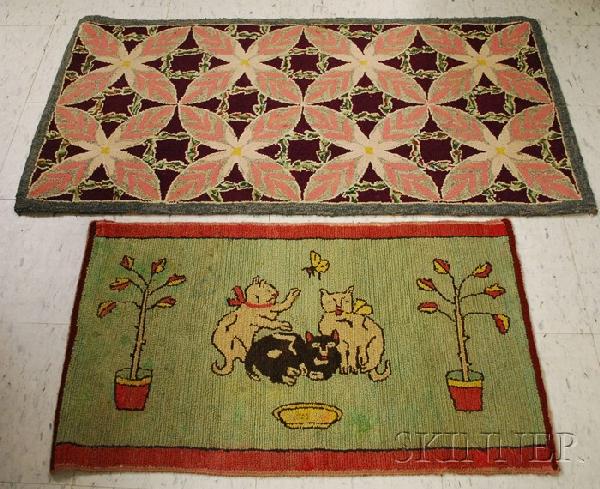 Two Hooked Rugs, a scene with cats and a floral p: Two Hooked Rugs, a scene with cats and a floral pattern, lg. 34 and 48 1/2 in.