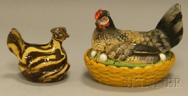 Hand-painted Staffordshire Porcelain Hen-on-Nest : Hand-painted Staffordshire Porcelain Hen-on-Nest and a Yellowware Hen-on-Nest Bank, (Staffordshire in good condition with some wear, bank with hairline at coin slot and chip at nest rim).