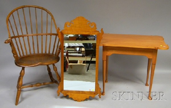 D.R. Dimes Chippendale-style Tiger Maple Mirror, : D.R. Dimes Chippendale-style Tiger Maple Mirror, a Hagerty Cohasset Colonial Queen Anne-style Maple Porringer-top Tea Table, and a Windsor-style Oak, Ash, and Maple Sack-back Knuckle Armchair.