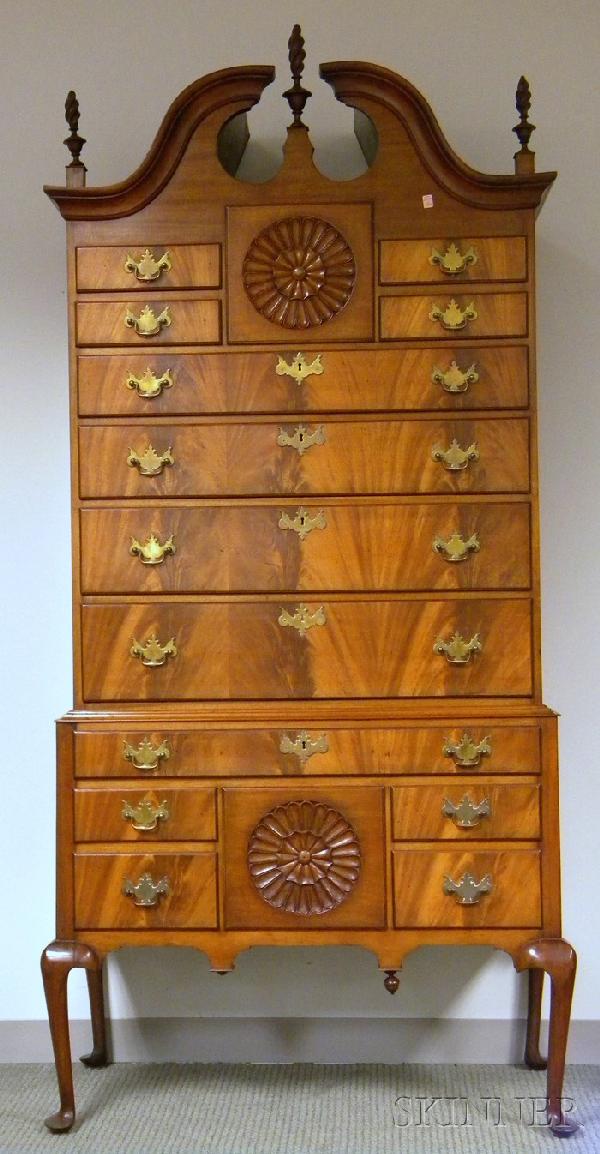 Chippendale-style Carved Mahogany Bonnet-top High: Chippendale-style Carved Mahogany Bonnet-top Highboy, ht. 85, wd. 40 1/2 in.