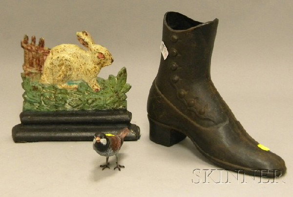 Painted Cast Iron Rabbit Doorstop, Boot-form Vase: Painted Cast Iron Rabbit Doorstop, Boot-form Vase, and Painted Bronze Bird Figure.